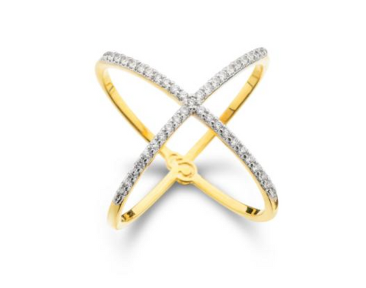X Ring with Cubic Zirconia and 18K Gold Plating