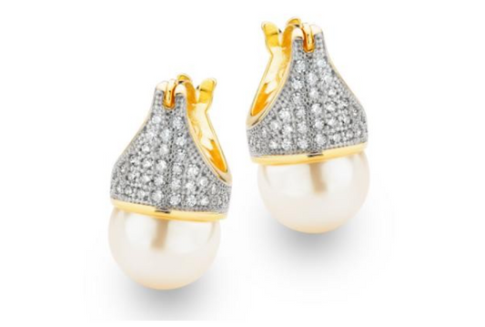 Lady Di Pearl Earrings - 18k Gold Plated with Cubic Zirconias