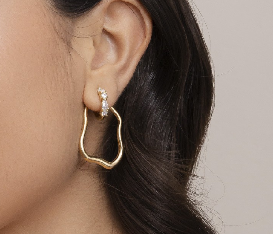 Wavy Double Hoop Earrings - 18k Gold Plated with Cubic Zirconia